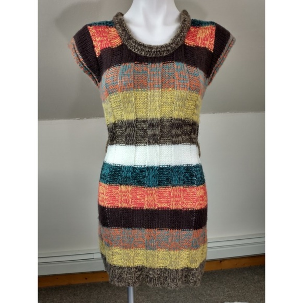 Ultra‎ Flirt Striped Knit Vintage Look Dress Women's M Brown Teal Orange Yellow